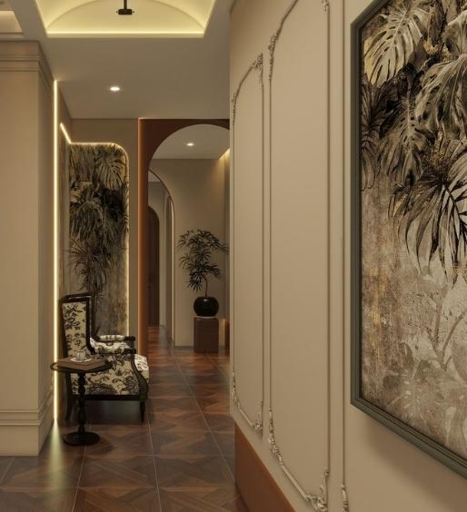 Luxurious and serene hallway waiting area at Luckin Spa Abu Dhabi, featuring elegant wall art, decorative moldings, and soft lighting, enhancing the tranquil spa ambiance.
